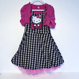 Hello Kitty Carmine Rose Pink Houndstooth Dress w/ Shrug Ruffled Skirt Size 5